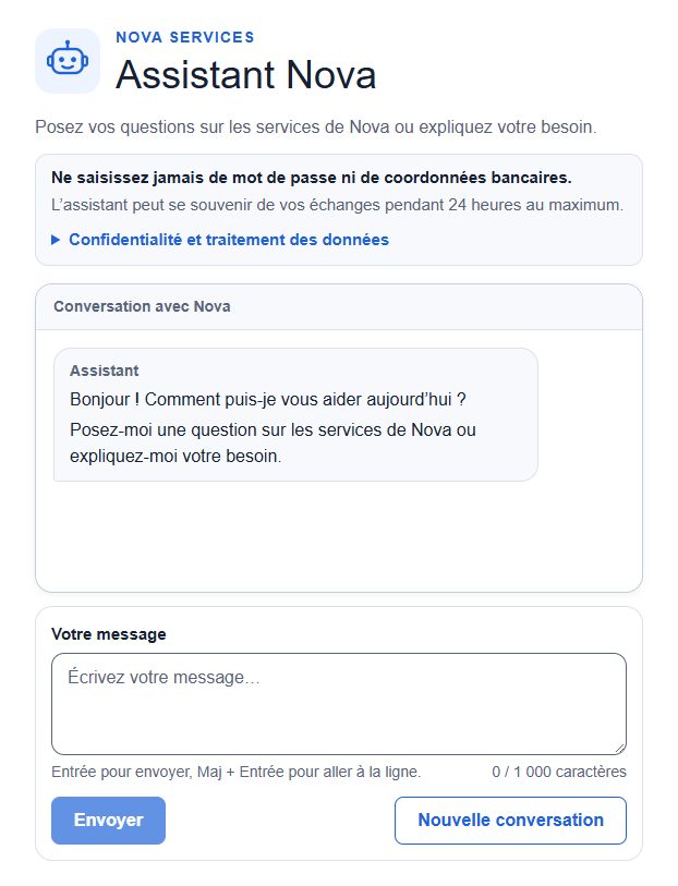 Assistant Nova : avertissement, détail de la confidentialité, fenêtre de conversation et saisie