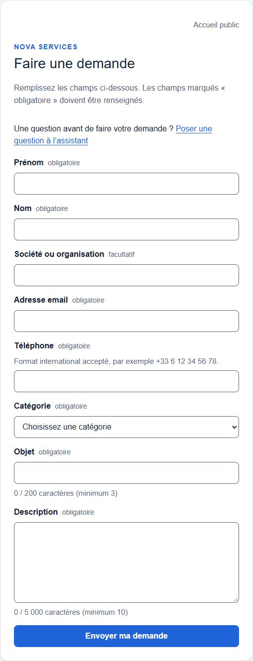 Formulaire de demande : champs obligatoires clairement signalés, lien vers l'assistant